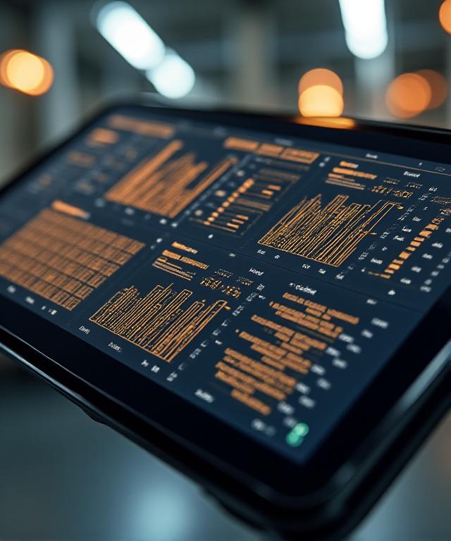 Art Deco inspired manufacturing dashboard on a high-resolution display
