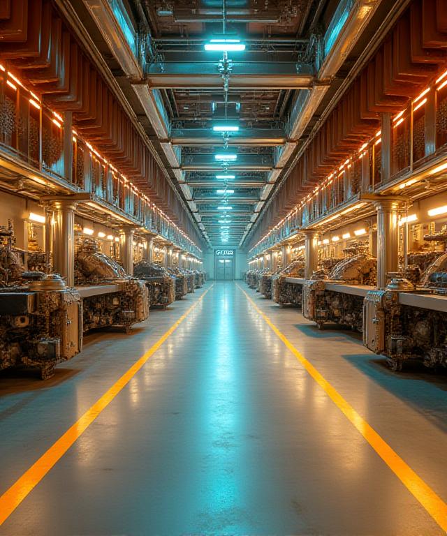 Futuristic manufacturing floor with digital overlays