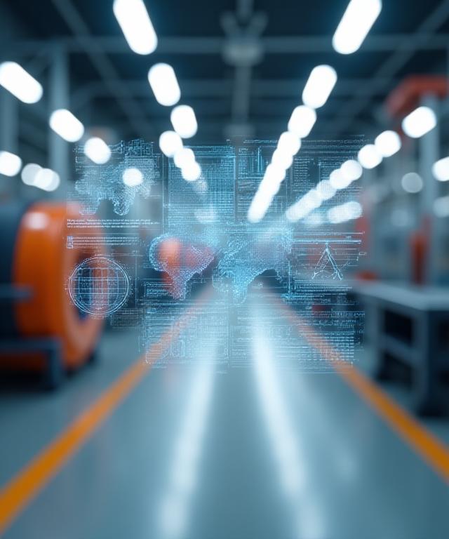 An analytical dashboard overlaying a clean, modern manufacturing facility